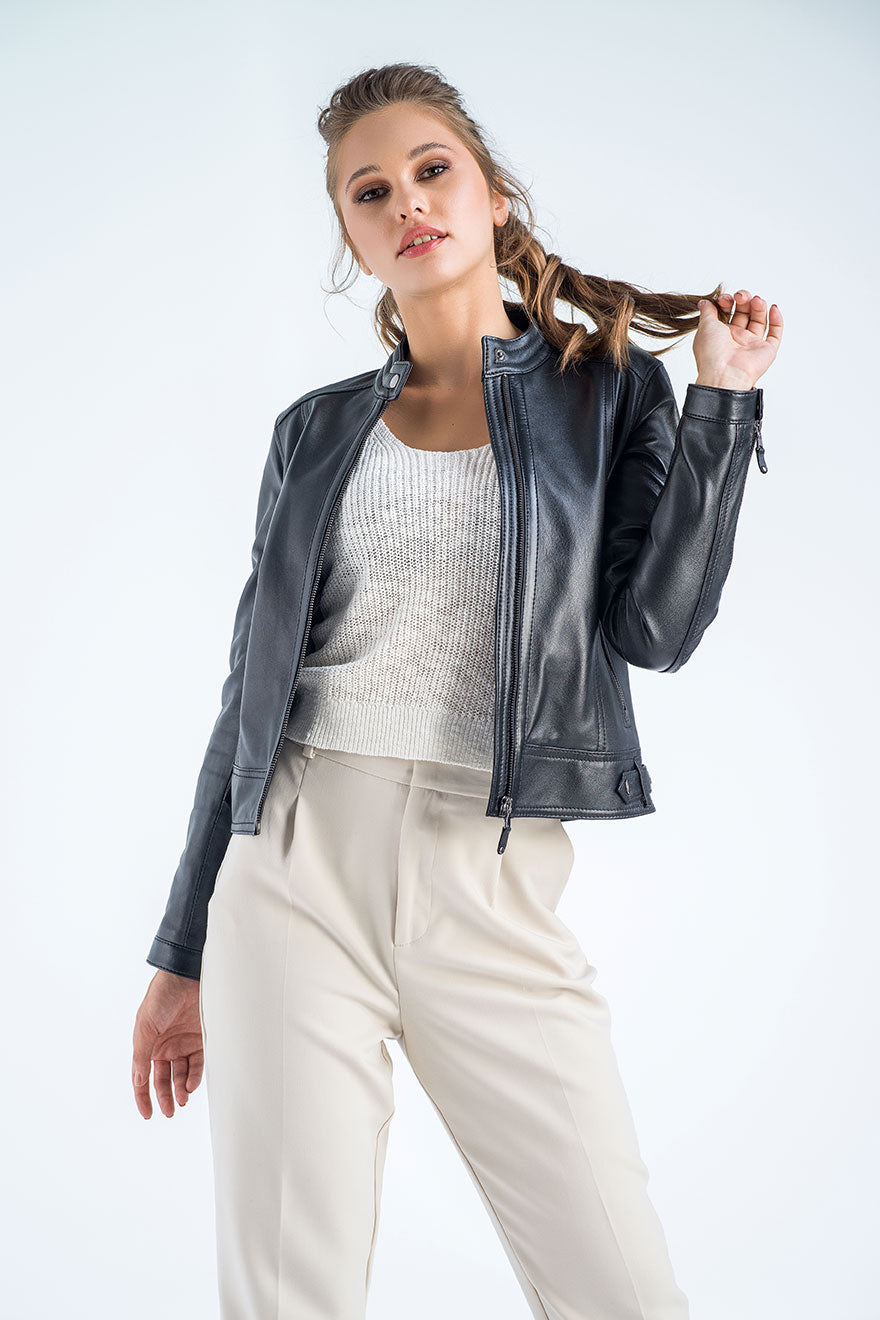 Jocasta — Black Genuine Cropped Leather Jacket, alternate view 2