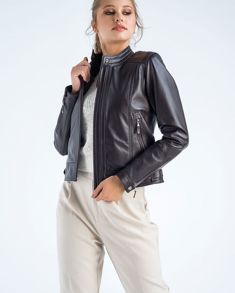 Brown Genuine Cropped Leather Jacket-0