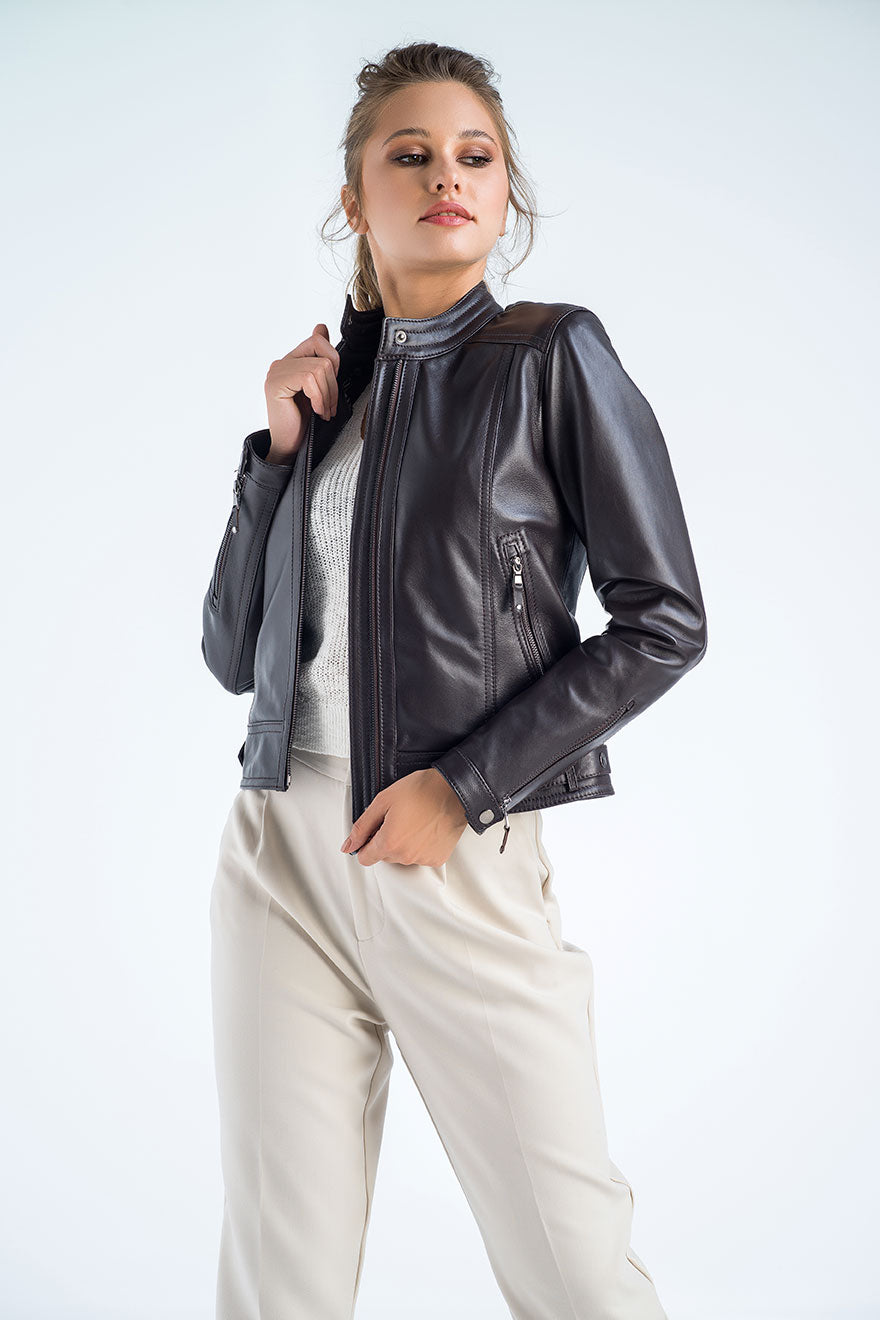 Noélie — Brown Genuine Cropped Leather Jacket