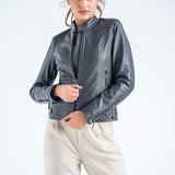 Gray Genuine Cropped Leather Jacket-2