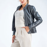 Gray Genuine Cropped Leather Jacket-3