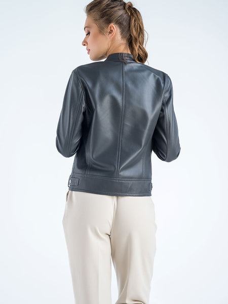 Gray Genuine Cropped Leather Jacket-1
