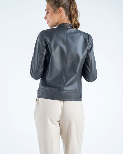 Gray Genuine Cropped Leather Jacket-1