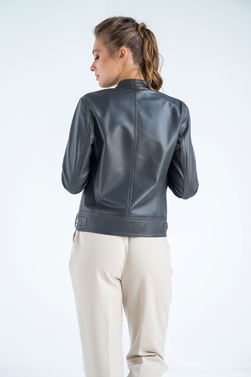Ianthe Beaumont — Gray Genuine Cropped Leather Jacket, alternate view 2