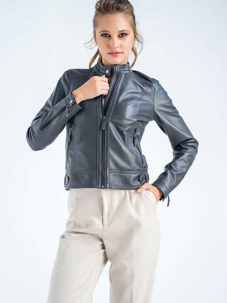 Gray Genuine Cropped Leather Jacket-0