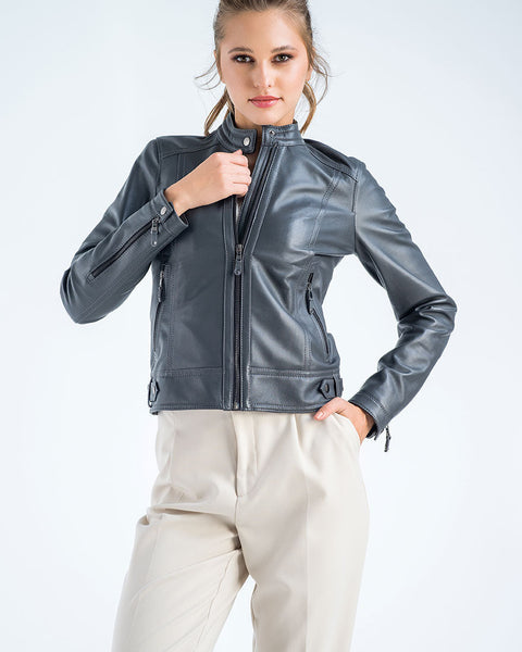 Gray Genuine Cropped Leather Jacket-0