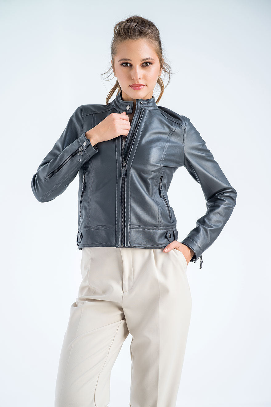Ianthe Beaumont — Gray Genuine Cropped Leather Jacket