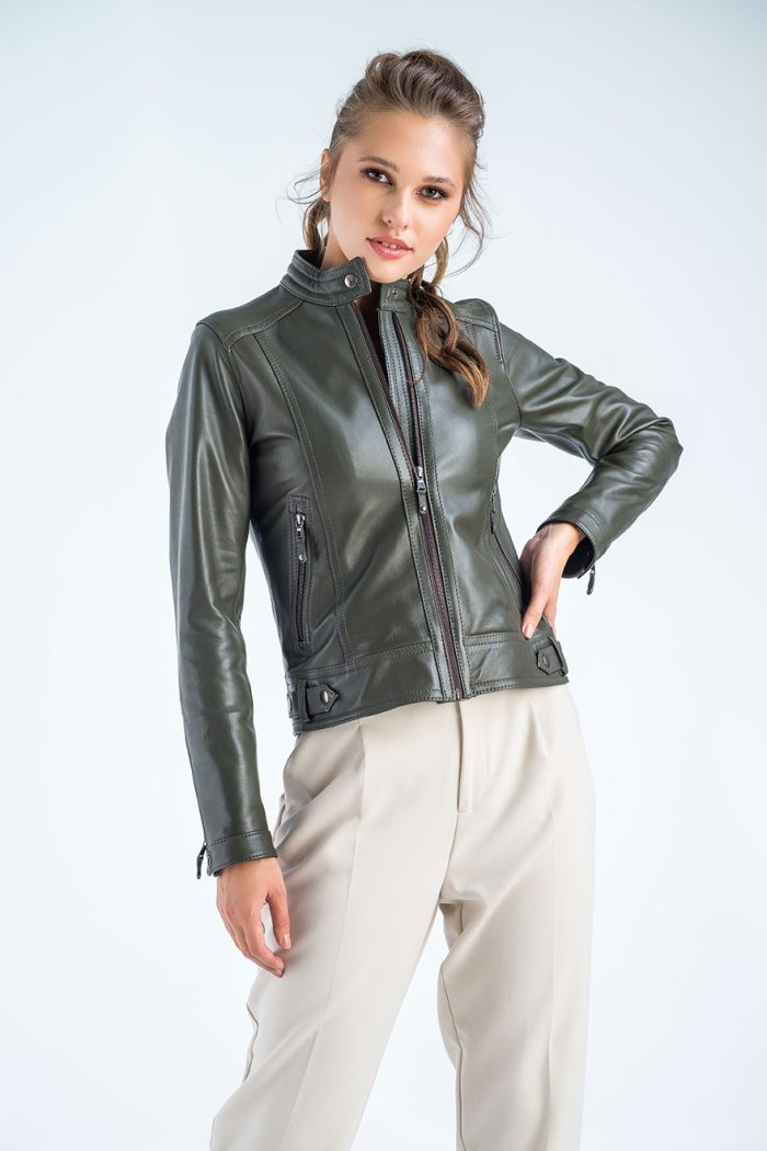 Valencia — Olive Genuine Cropped Leather Jacket, alternate view 4