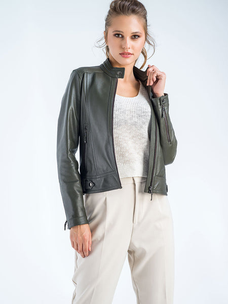 Olive Genuine Cropped Leather Jacket