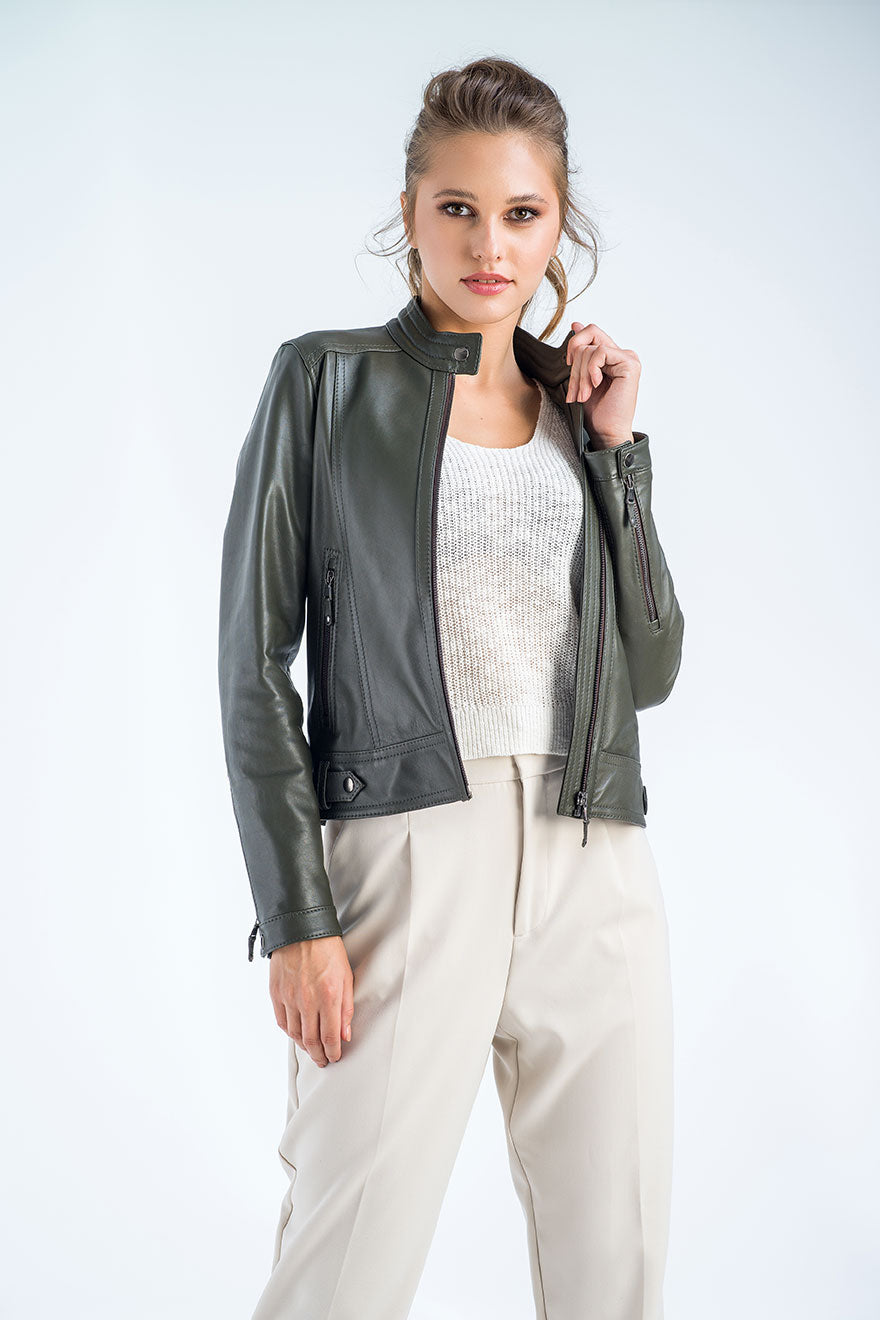 Valencia — Olive Genuine Cropped Leather Jacket, alternate view 5