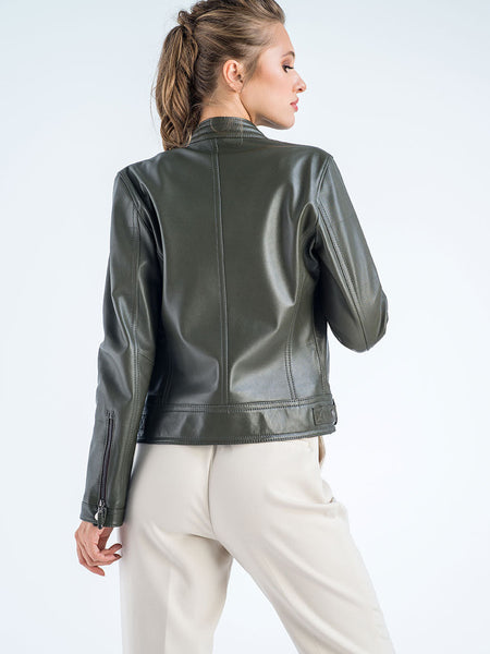 Olive Genuine Cropped Leather Jacket