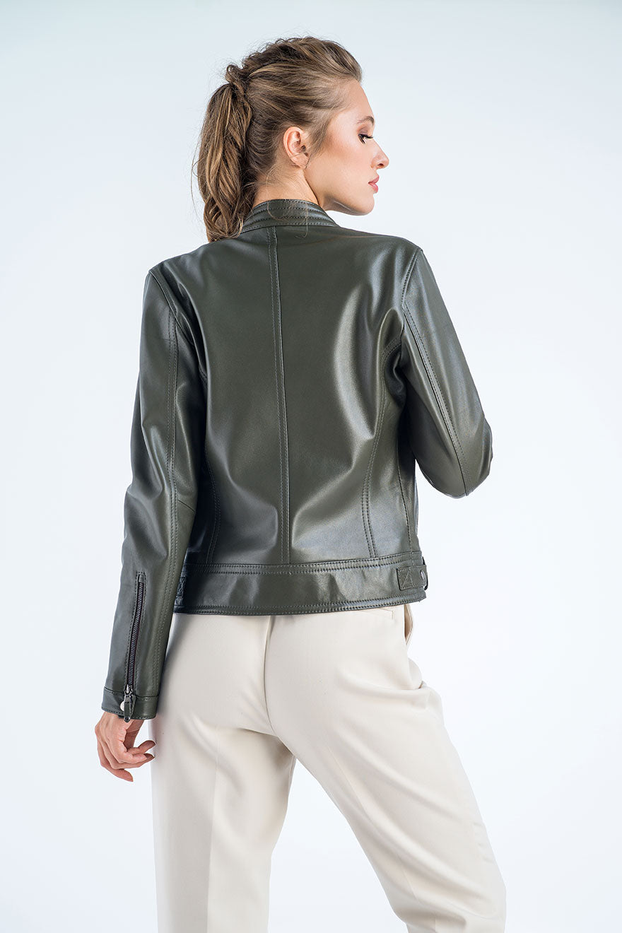Valencia — Olive Genuine Cropped Leather Jacket, alternate view 2