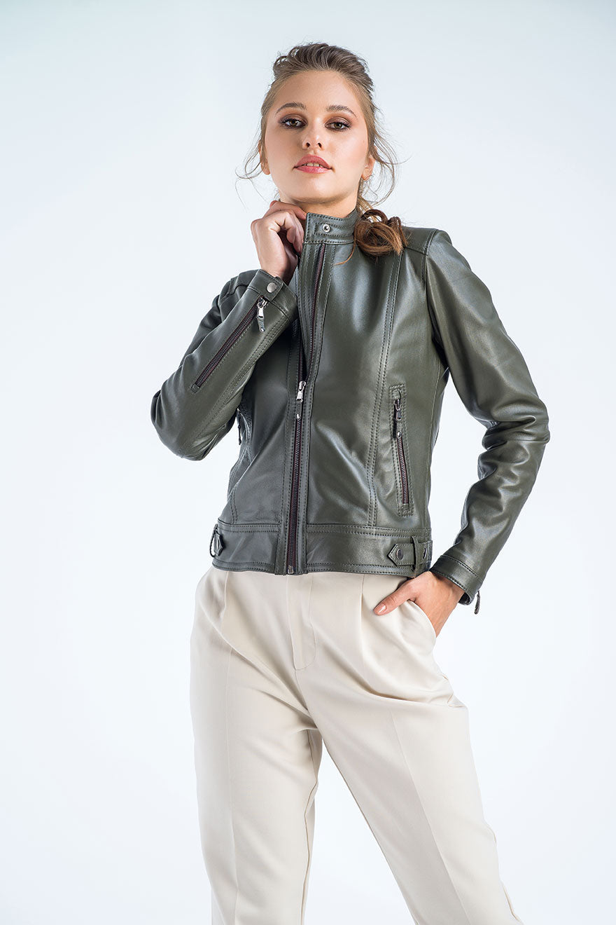 Valencia — Olive Genuine Cropped Leather Jacket