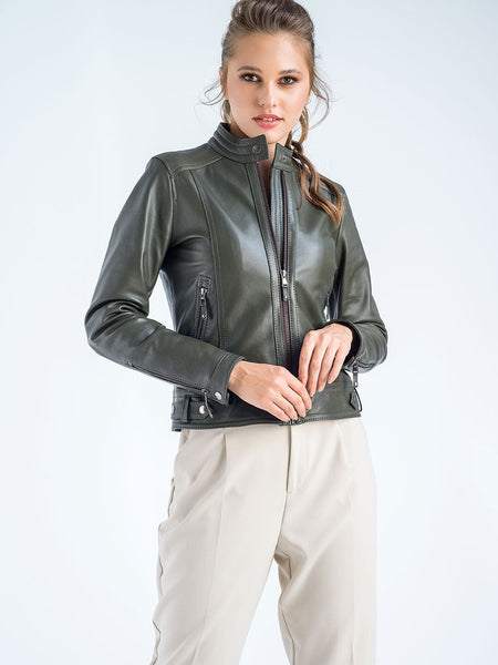 Olive Genuine Cropped Leather Jacket
