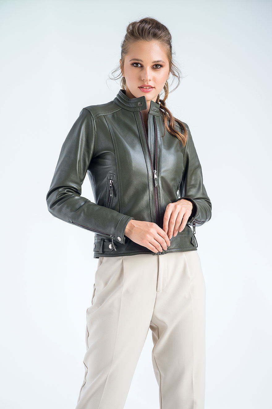 Valencia — Olive Genuine Cropped Leather Jacket, alternate view 3