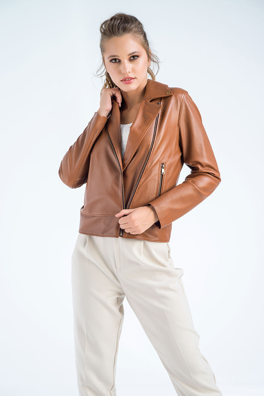 Sylvette Beaumont — Cognac Genuine Classic Cut Leather Jacket