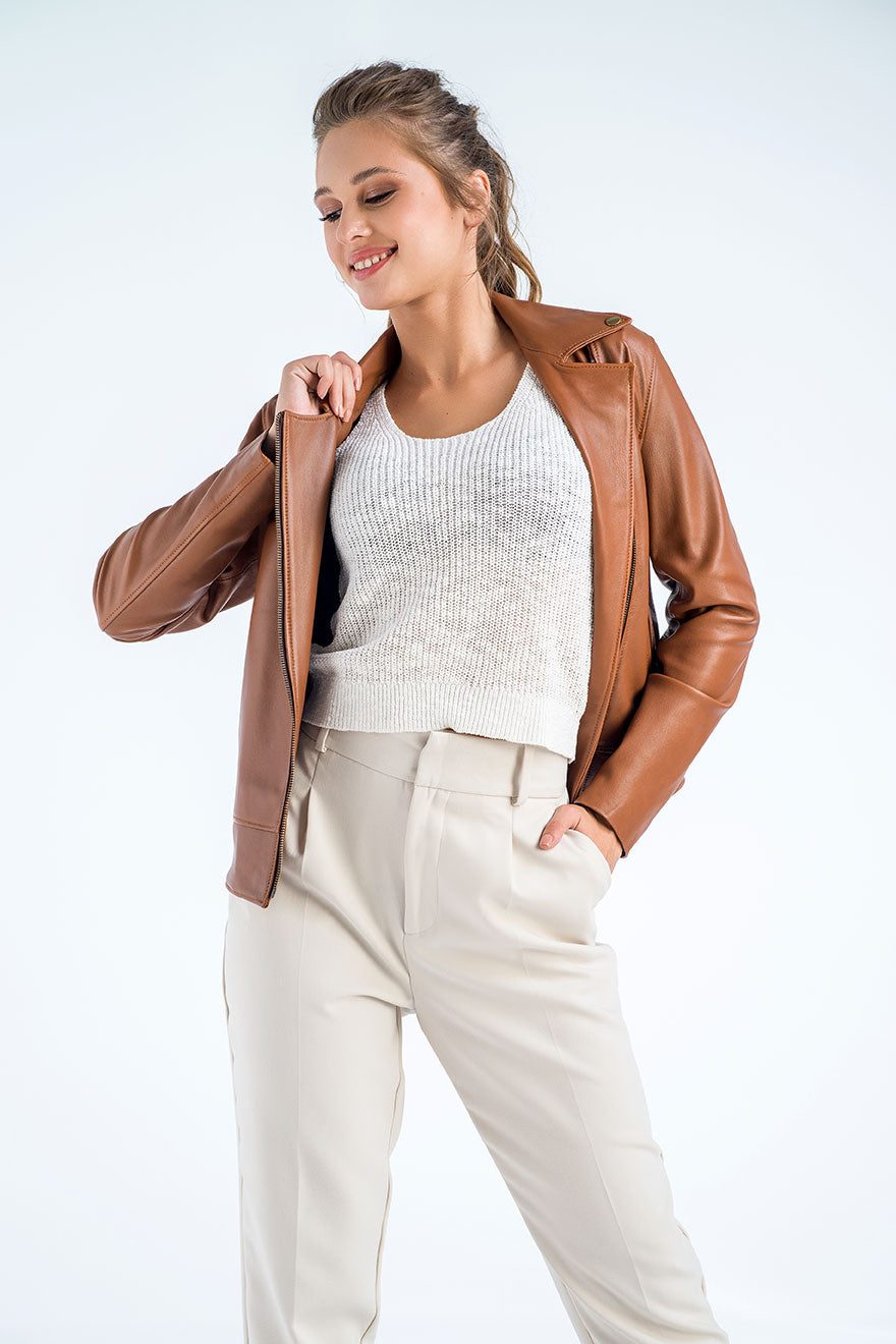 Sylvette Beaumont — Cognac Genuine Classic Cut Leather Jacket, alternate view 3