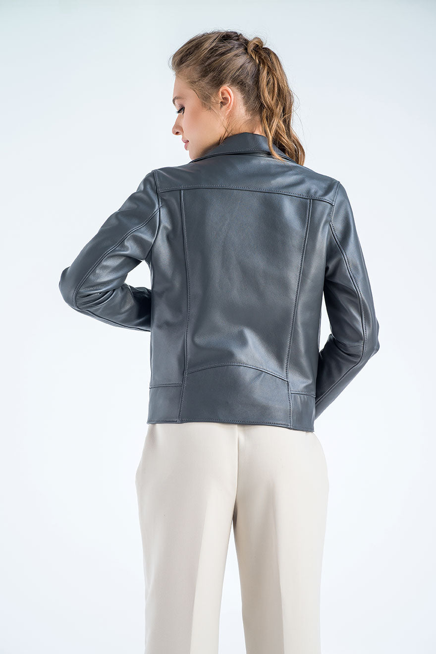 Liora — Gray Genuine Classic Cut Leather Jacket, alternate view 2