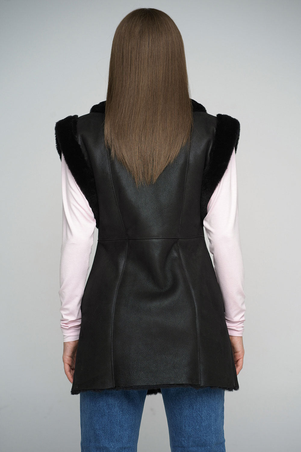 Alessia Rivière — Black Merino Shearling Vest Black Women's Coat or Jacket, alternate view 3