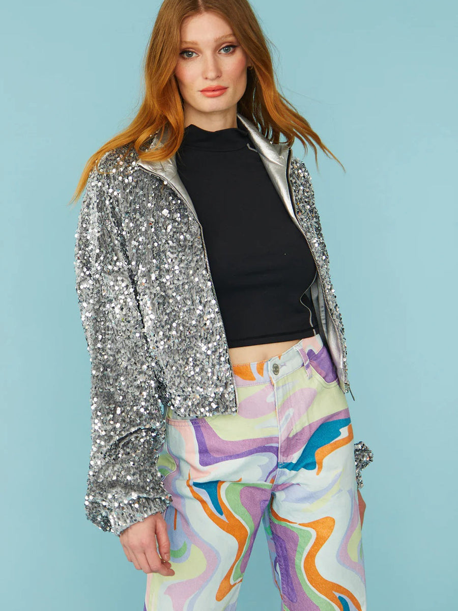 Silver Sequin Cropped Biker Jacket