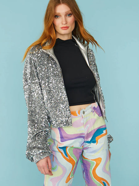 Silver Sequin Cropped Biker Jacket