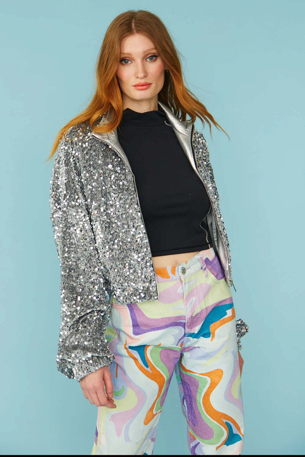Ottavia — Silver Sequin Cropped Biker Jacket, alternate view 3