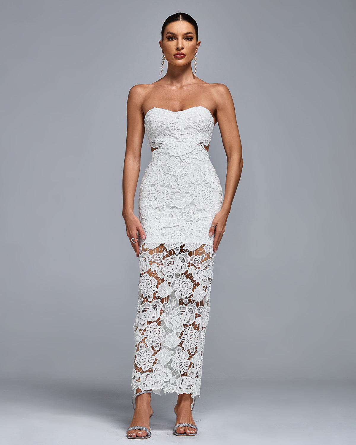 Ivory Lefèvre — Lace Floral Cutout Bustier Maxi Dress