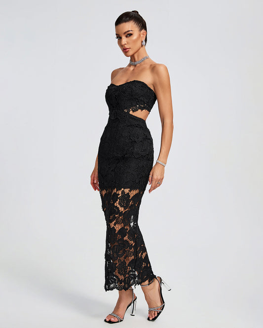Lace Floral Cutout Bustier Maxi Dress