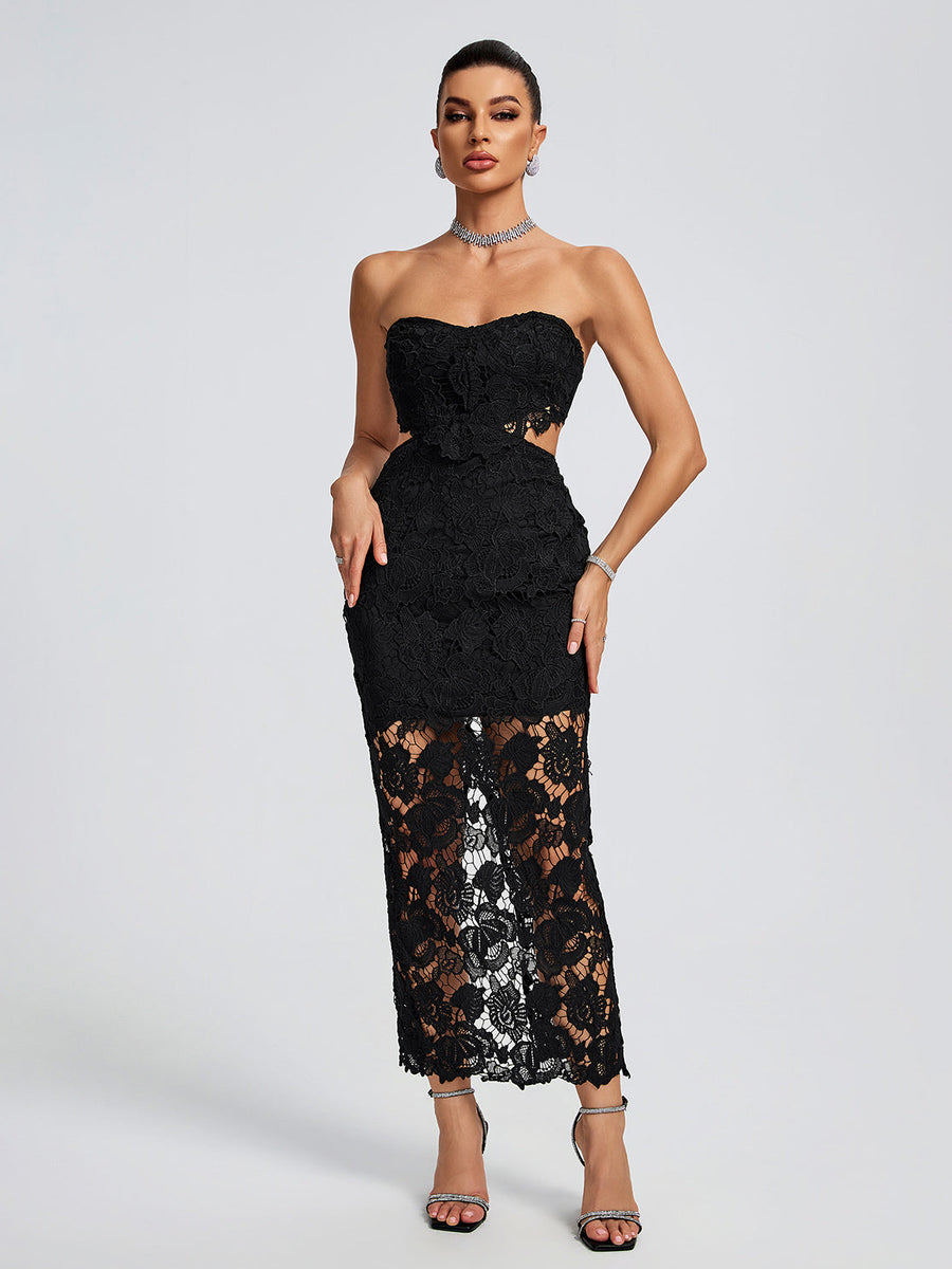 Lace Floral Cutout Bustier Maxi Dress