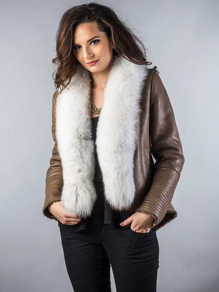 Taupe Merino Shearling Jacket with Arctic Fox Fur Collar-1