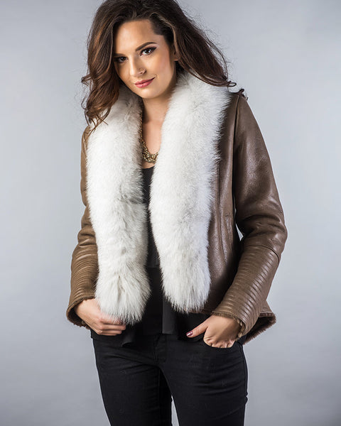 Taupe Merino Shearling Jacket with Arctic Fox Fur Collar-1