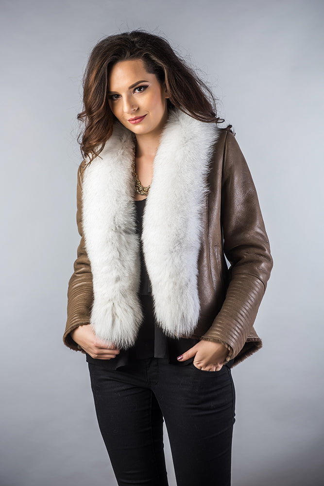 Adelaine Beaumont — Taupe Merino Shearling Jacket with Arctic Fox Fur Collar, alternate view 2