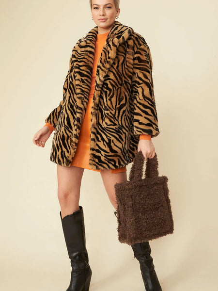 Tiger Print Mocha Faux Fur Midi Coat