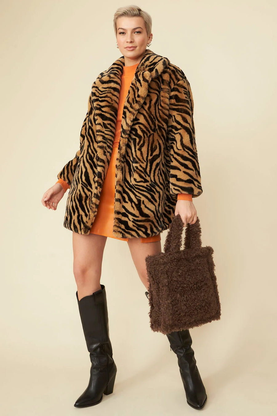 Marcelline — Tiger Print Mocha Faux Fur Midi Coat, alternate view 2