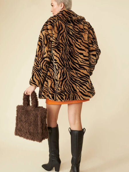 Tiger Print Mocha Faux Fur Midi Coat