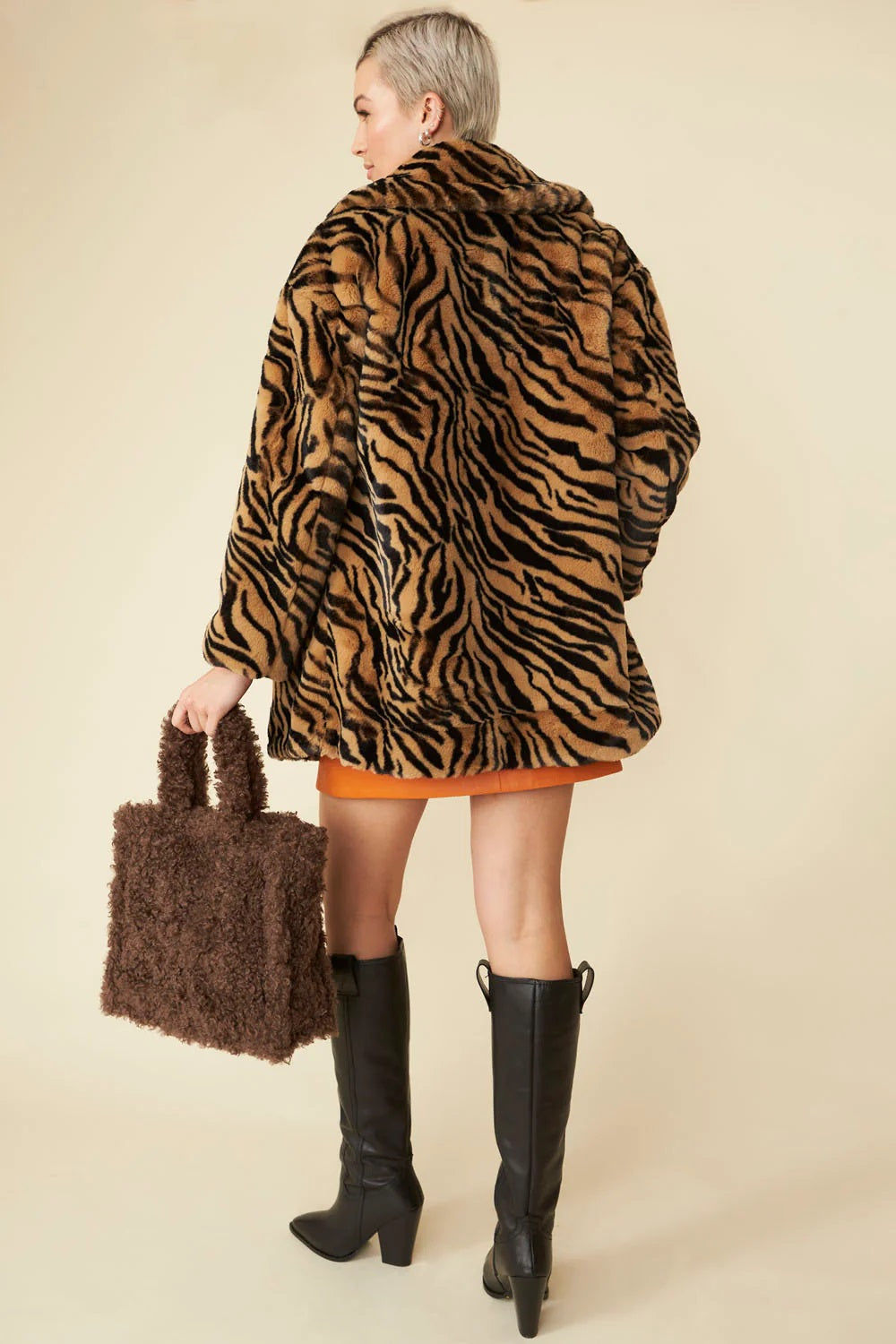 Marcelline — Tiger Print Mocha Faux Fur Midi Coat, alternate view 3