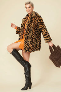 Marcelline — Tiger Print Mocha Faux Fur Midi Coat