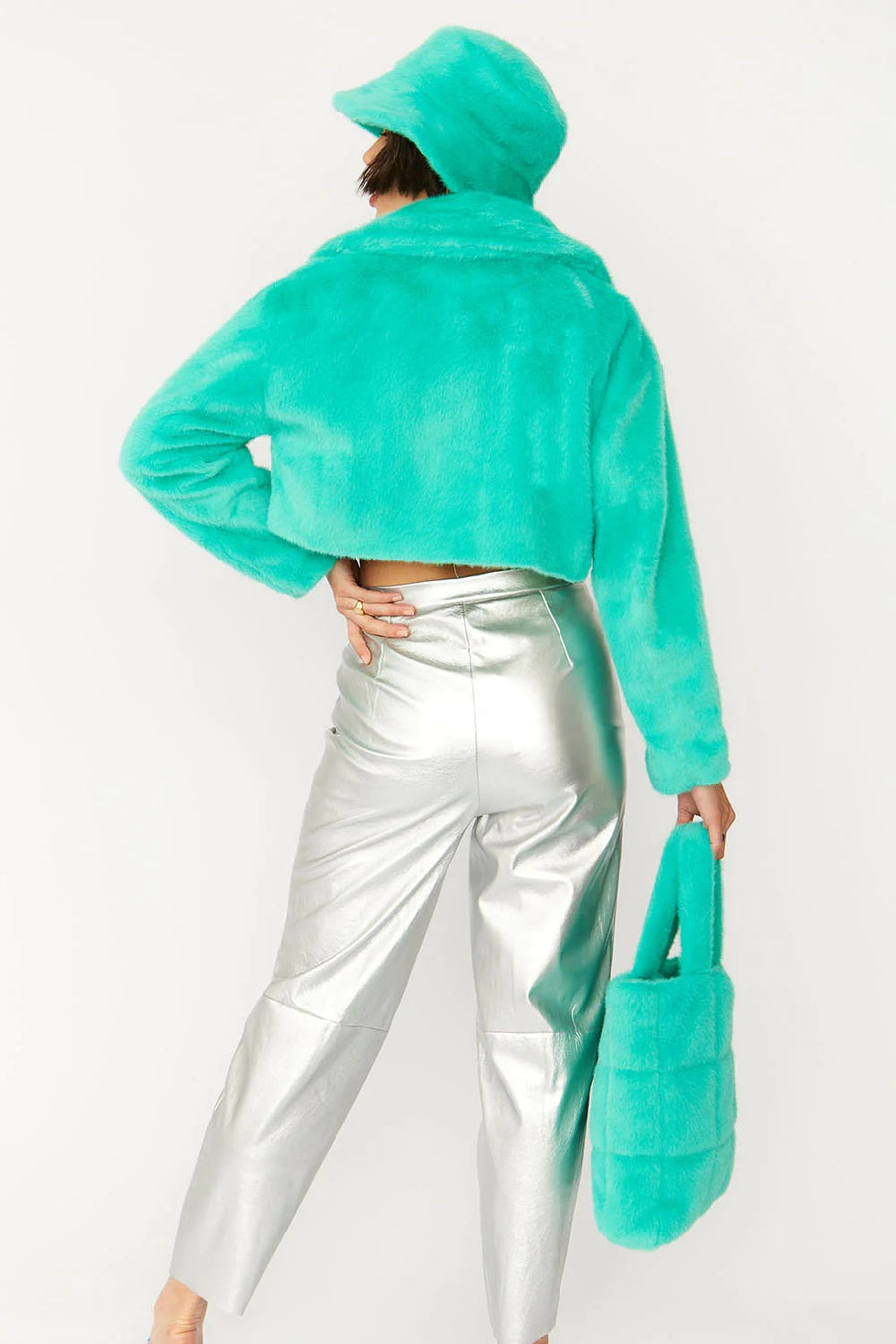 Wren Versailles — Turquoise Faux Fur Bucket Hat Turquoise Coat or Jacket, alternate view 2