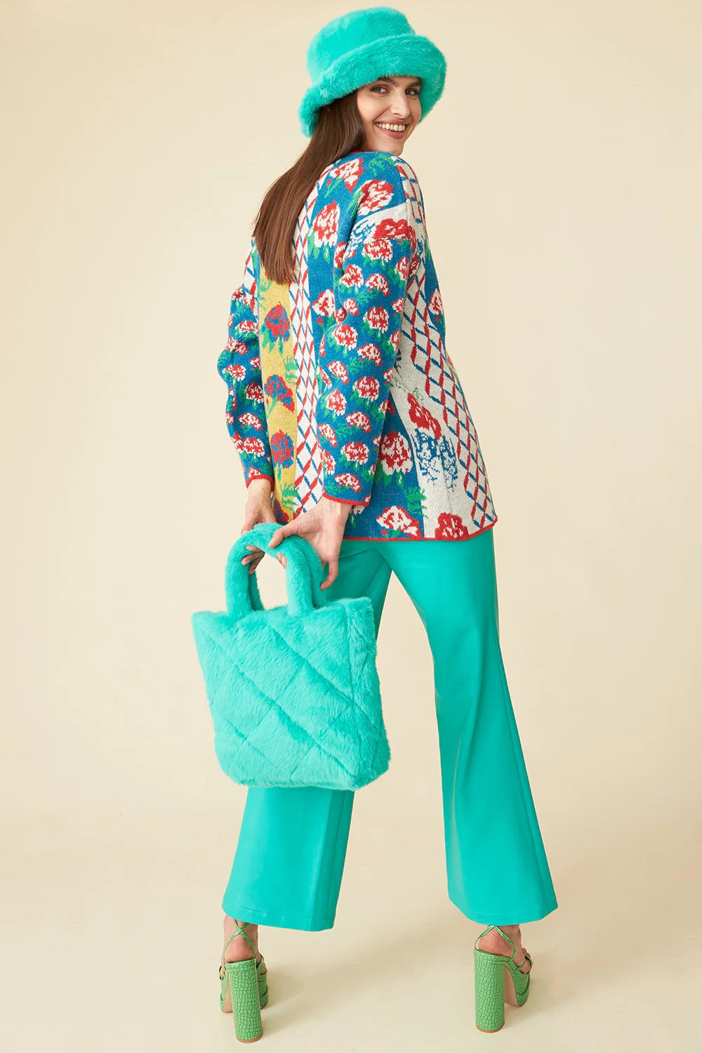 Wren Versailles — Turquoise Faux Fur Bucket Hat Turquoise Coat or Jacket, alternate view 3