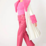 White Pink Faux Leather Trench Coat with Faux Fur Collar and Cuffs-2