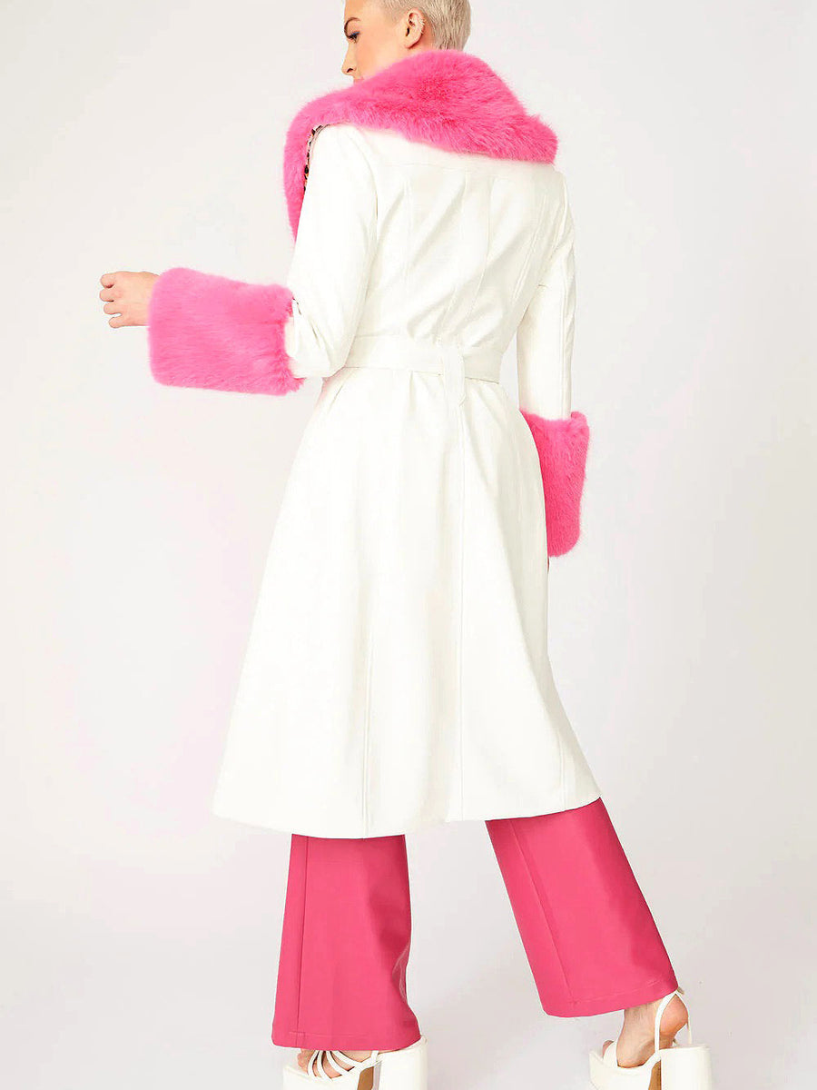 White Pink Faux Leather Trench Coat with Faux Fur Collar and Cuffs-3