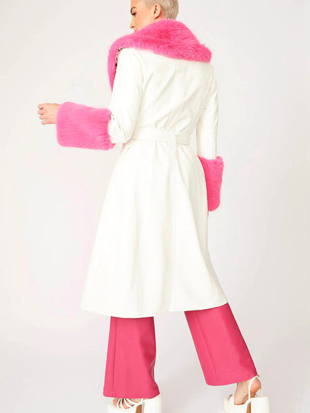 White Pink Faux Leather Trench Coat with Faux Fur Collar and Cuffs-3