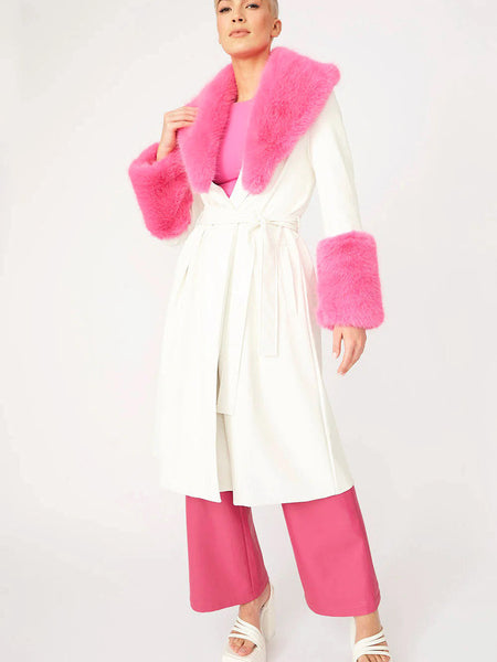 White Pink Faux Leather Trench Coat with Faux Fur Collar and Cuffs-0