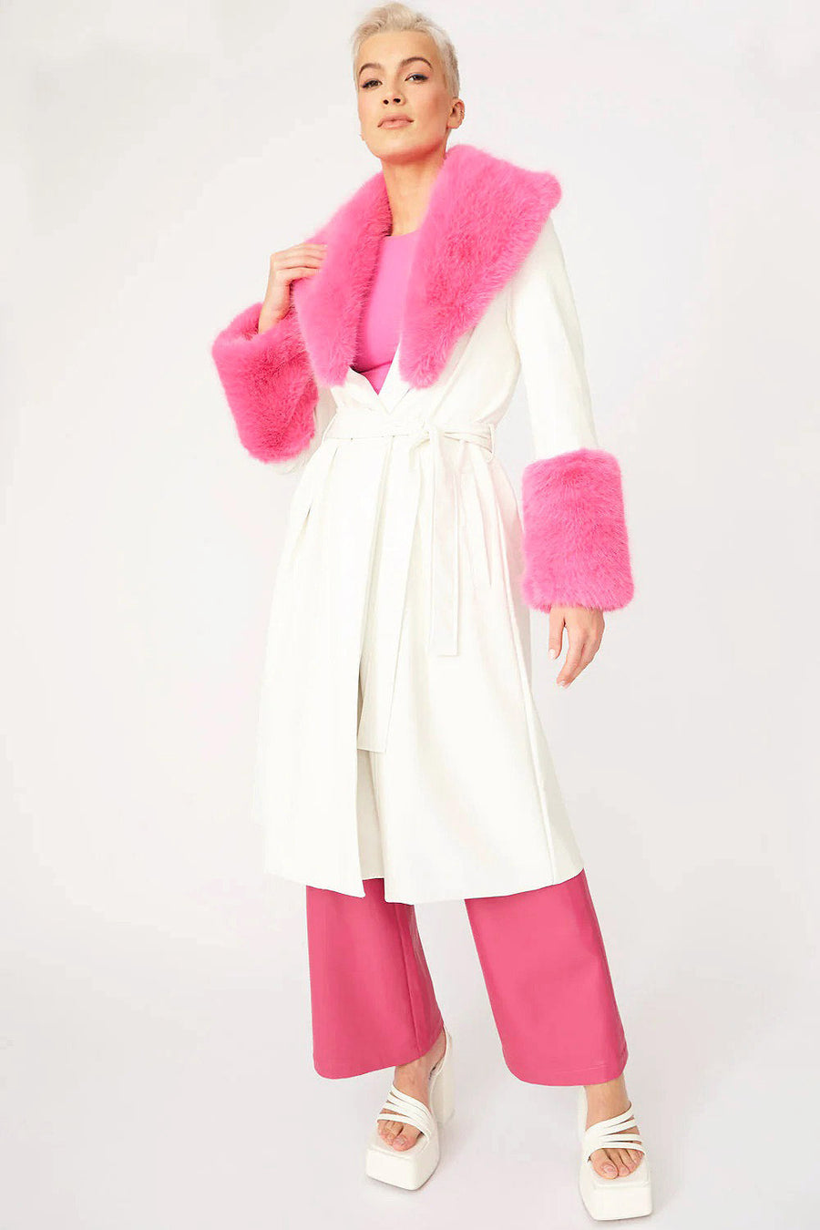 Amandine — White Pink Faux Leather Trench Coat with Faux Fur Collar and Cuffs