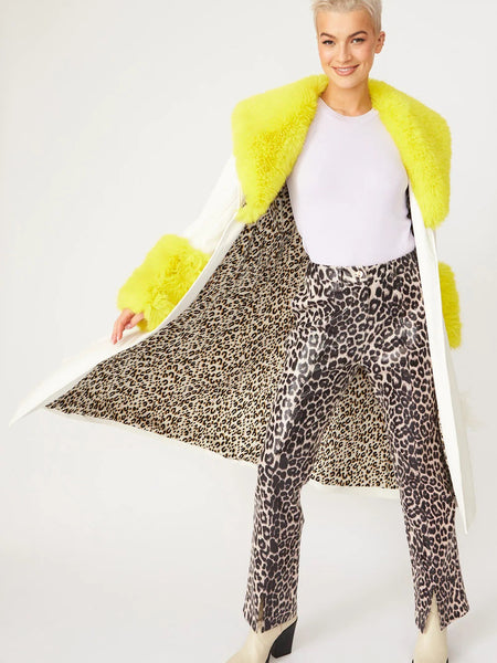 White Yellow Faux Leather Trench Coat with Faux Fur Collar and Cuffs-1