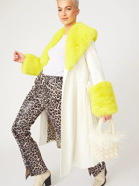 White Yellow Faux Leather Trench Coat with Faux Fur Collar and Cuffs-2