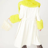 White Yellow Faux Leather Trench Coat with Faux Fur Collar and Cuffs-3