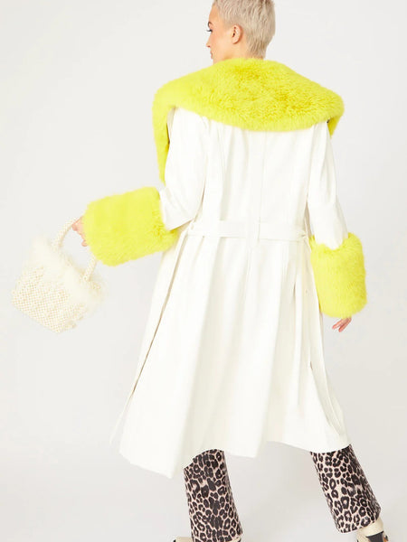White Yellow Faux Leather Trench Coat with Faux Fur Collar and Cuffs-3
