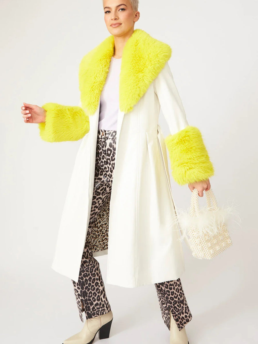 White Yellow Faux Leather Trench Coat with Faux Fur Collar and Cuffs-0