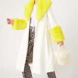 White Yellow Faux Leather Trench Coat with Faux Fur Collar and Cuffs-0